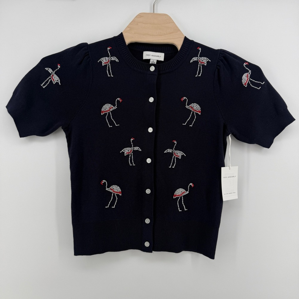 Free Assembly Womens Small Beaded Navy Flamingo Short Sleeve Cardigan NWT
